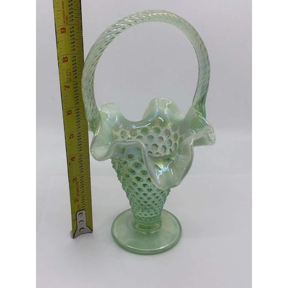 Vintage FENTON Sea Mist Green Opalescent Hobnail  Basket  w/ Twisted Handle